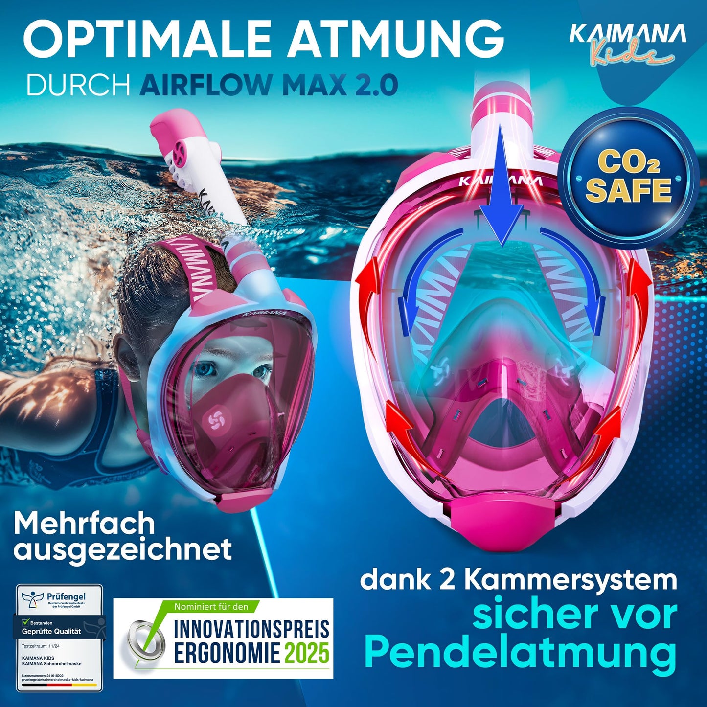 Die Preisgekrönte KAIMANA® Schnorchelmaske für Erwachsene & Kinder - absolut CO2 sicher - inkl. Tragetasche - Tauchermaske Erwachsene - Vollgesichtsmaske Tauchmaske