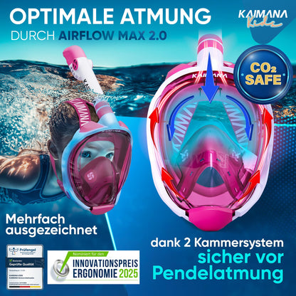 Die Preisgekrönte KAIMANA® Schnorchelmaske für Erwachsene & Kinder - absolut CO2 sicher - inkl. Tragetasche - Tauchermaske Erwachsene - Vollgesichtsmaske Tauchmaske