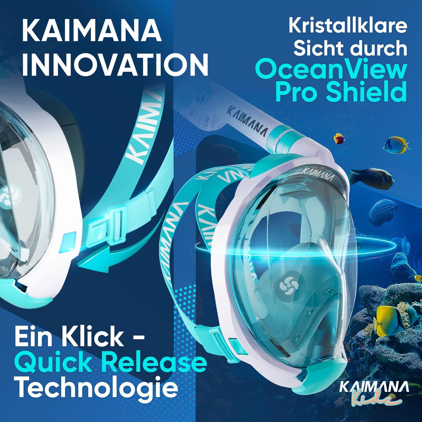 Die Preisgekrönte KAIMANA® Schnorchelmaske für Erwachsene & Kinder - absolut CO2 sicher - inkl. Tragetasche - Tauchermaske Erwachsene - Vollgesichtsmaske Tauchmaske