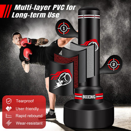 NZQXJXZ Verbesserter Boxsack Stehend für Erwachsene, 180cm Schwerer Boxsack mit Boxhandschuhen, Pumpe, Springseil und Reflexball, aufblasbarer Standboxsack für Männer zum Training von MMA, Fitness