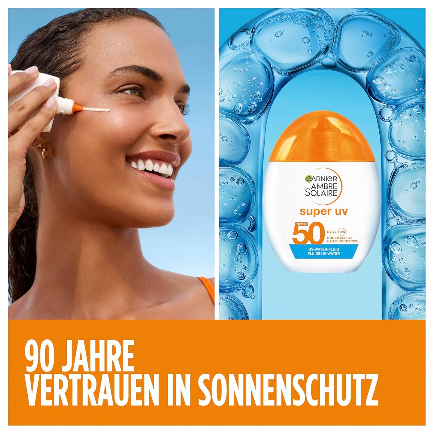 Garnier Ambre Solaire Sensitive Expert + Hydrating UV Water Sonnenschutzspray LSF 50 – Sonnen-Spray für Körper, Gesicht, Kopfhaut & Haare – Wasserfest, sandresistent & nicht fettend – 150ml