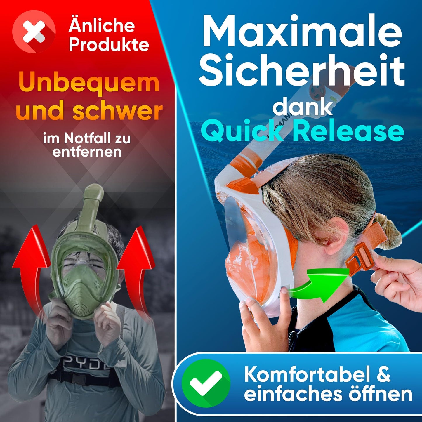 Die Preisgekrönte KAIMANA® Schnorchelmaske für Erwachsene & Kinder - absolut CO2 sicher - inkl. Tragetasche - Tauchermaske Erwachsene - Vollgesichtsmaske Tauchmaske