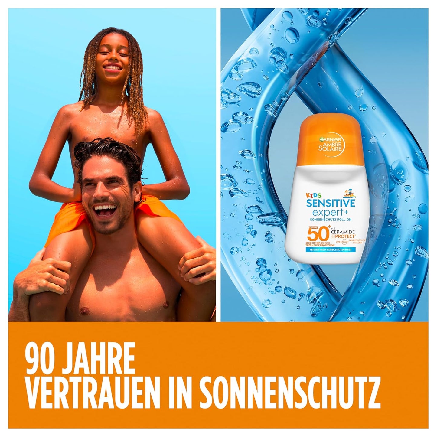 Garnier Ambre Solaire Sensitive Expert + Hydrating UV Water Sonnenschutzspray LSF 50 – Sonnen-Spray für Körper, Gesicht, Kopfhaut & Haare – Wasserfest, sandresistent & nicht fettend – 150ml