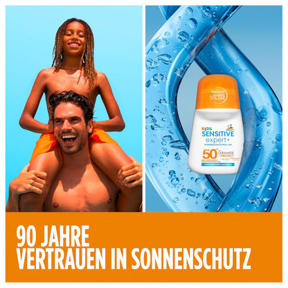 Garnier Ambre Solaire Sensitive Expert + Hydrating UV Water Sonnenschutzspray LSF 50 – Sonnen-Spray für Körper, Gesicht, Kopfhaut & Haare – Wasserfest, sandresistent & nicht fettend – 150ml