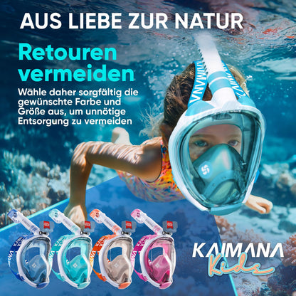 Die Preisgekrönte KAIMANA® Schnorchelmaske für Erwachsene & Kinder - absolut CO2 sicher - inkl. Tragetasche - Tauchermaske Erwachsene - Vollgesichtsmaske Tauchmaske