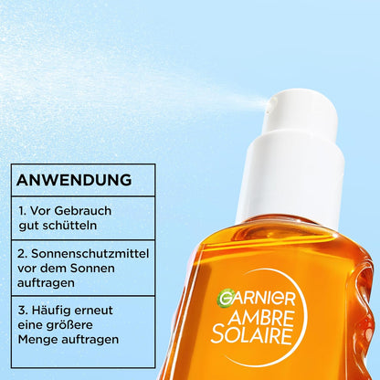 Garnier Ambre Solaire Sensitive Expert + Hydrating UV Water Sonnenschutzspray LSF 50 – Sonnen-Spray für Körper, Gesicht, Kopfhaut & Haare – Wasserfest, sandresistent & nicht fettend – 150ml