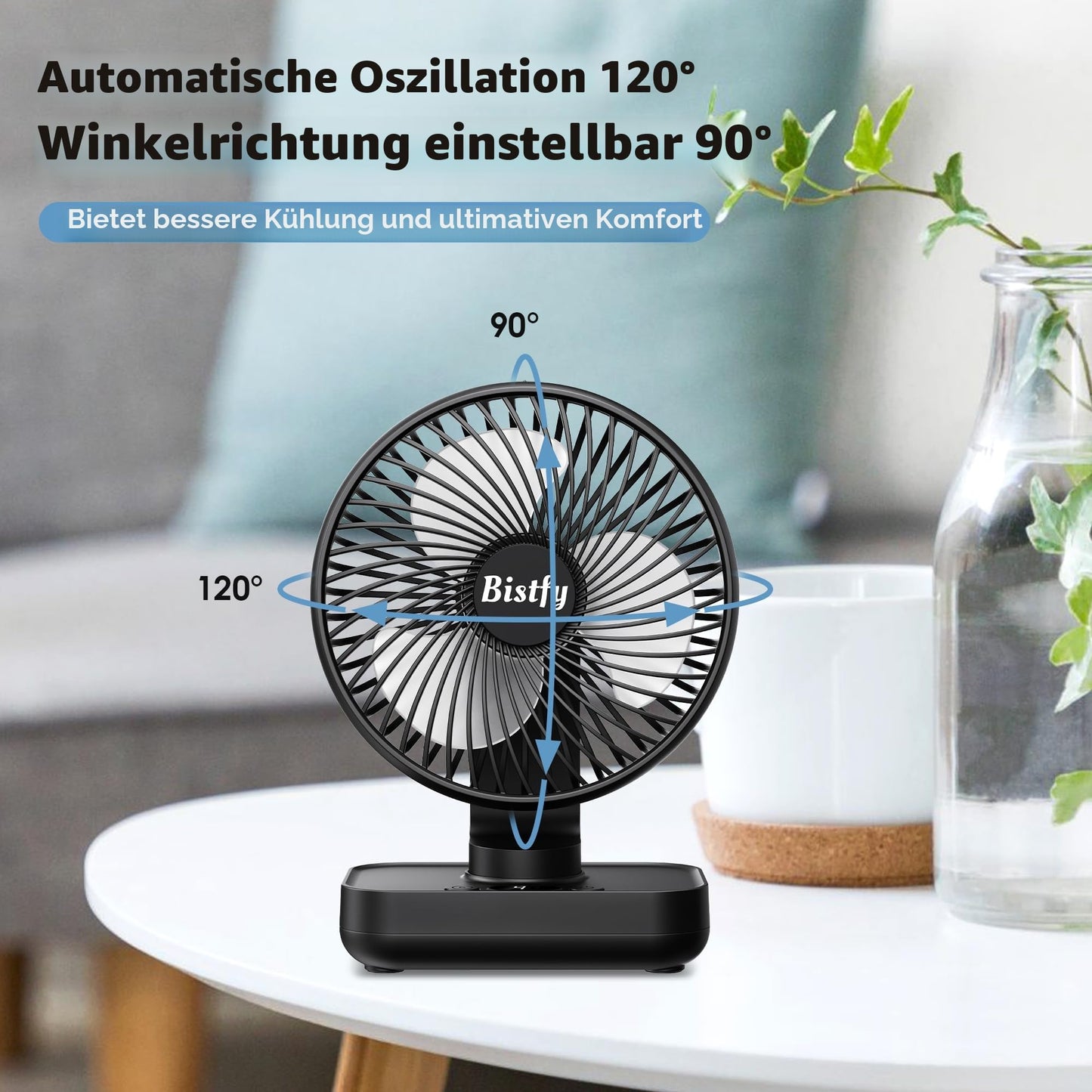 Tischventilator Oszillierend 4500mAh Leise&Starkem Luftstrom Akku Ventilator, 4 Geschwindigkeiten 2A Eingang Schnellladung Digitalanzeige 5.5'' Tragbar USB Ventilator für Büro Zuhause Freien
