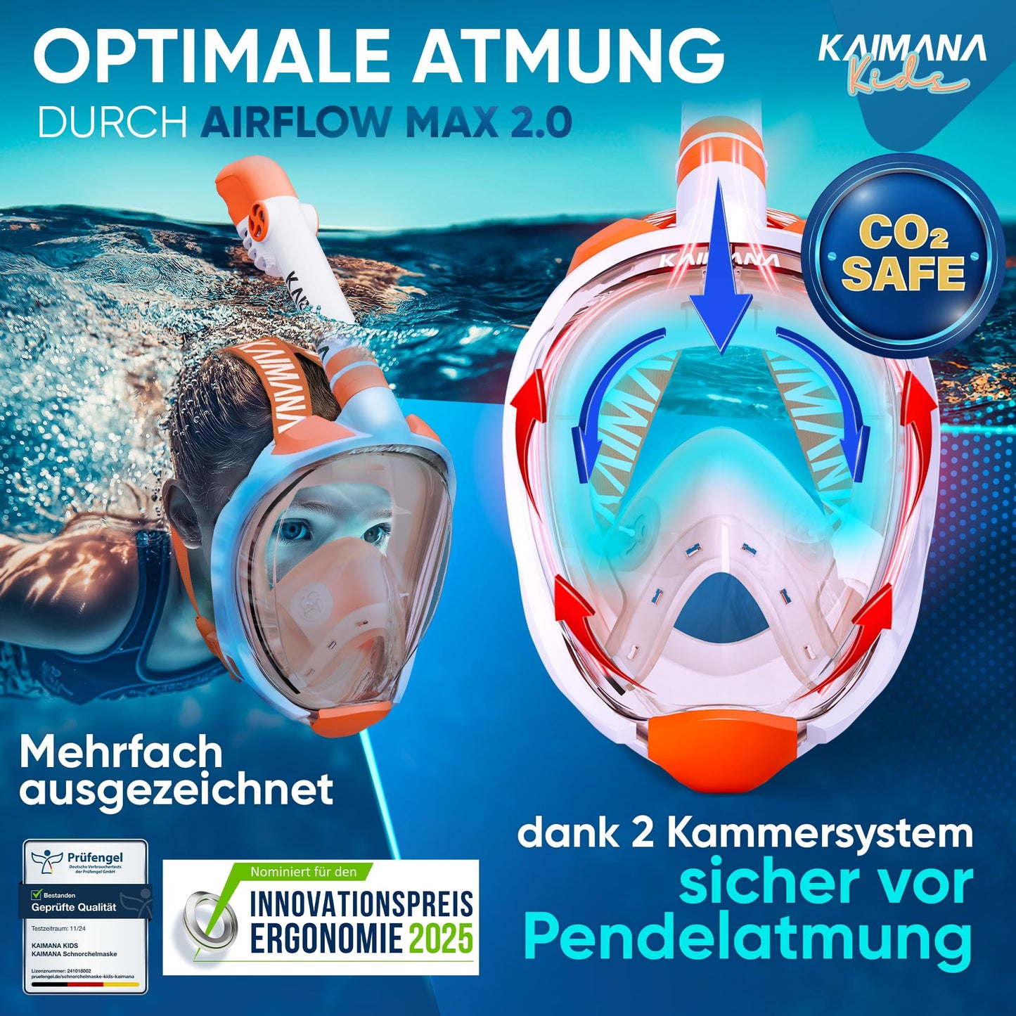 Die Preisgekrönte KAIMANA® Schnorchelmaske für Erwachsene & Kinder - absolut CO2 sicher - inkl. Tragetasche - Tauchermaske Erwachsene - Vollgesichtsmaske Tauchmaske