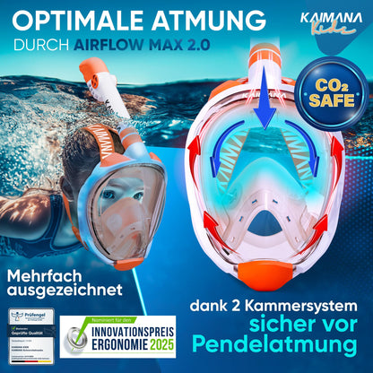 Die Preisgekrönte KAIMANA® Schnorchelmaske für Erwachsene & Kinder - absolut CO2 sicher - inkl. Tragetasche - Tauchermaske Erwachsene - Vollgesichtsmaske Tauchmaske