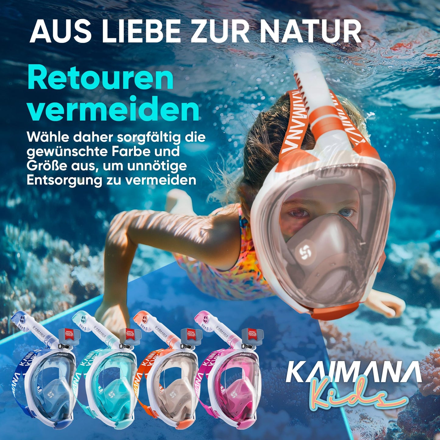 Die Preisgekrönte KAIMANA® Schnorchelmaske für Erwachsene & Kinder - absolut CO2 sicher - inkl. Tragetasche - Tauchermaske Erwachsene - Vollgesichtsmaske Tauchmaske