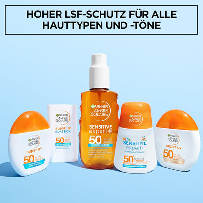 Garnier Ambre Solaire Sensitive Expert + Hydrating UV Water Sonnenschutzspray LSF 50 – Sonnen-Spray für Körper, Gesicht, Kopfhaut & Haare – Wasserfest, sandresistent & nicht fettend – 150ml