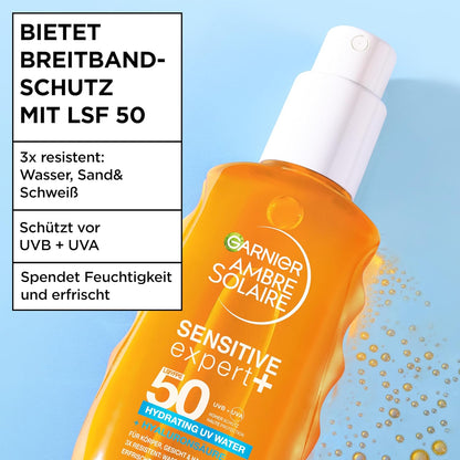 Garnier Ambre Solaire Sensitive Expert + Hydrating UV Water Sonnenschutzspray LSF 50 – Sonnen-Spray für Körper, Gesicht, Kopfhaut & Haare – Wasserfest, sandresistent & nicht fettend – 150ml