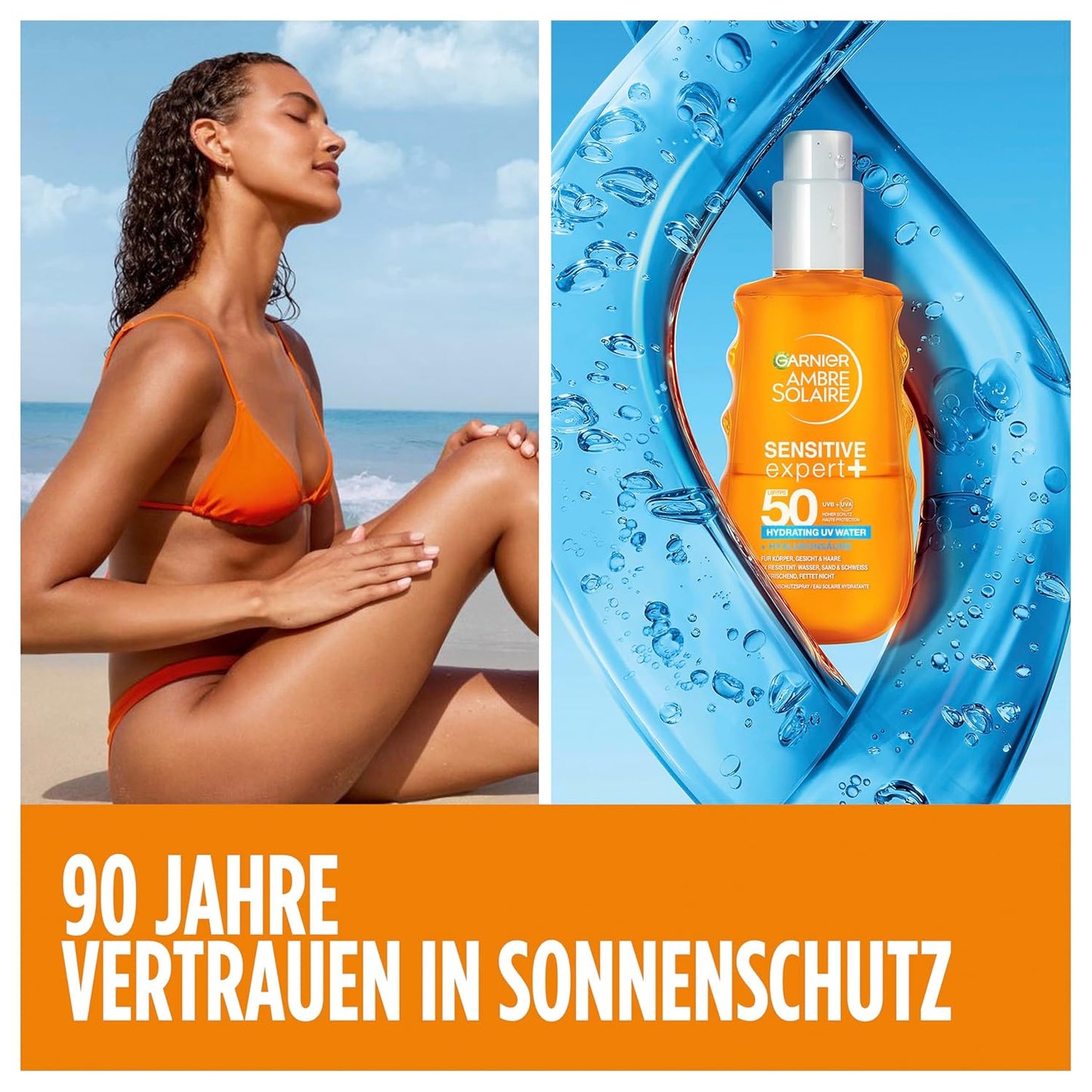 Garnier Ambre Solaire Sensitive Expert + Hydrating UV Water Sonnenschutzspray LSF 50 – Sonnen-Spray für Körper, Gesicht, Kopfhaut & Haare – Wasserfest, sandresistent & nicht fettend – 150ml