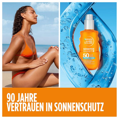 Garnier Ambre Solaire Sensitive Expert + Hydrating UV Water Sonnenschutzspray LSF 50 – Sonnen-Spray für Körper, Gesicht, Kopfhaut & Haare – Wasserfest, sandresistent & nicht fettend – 150ml