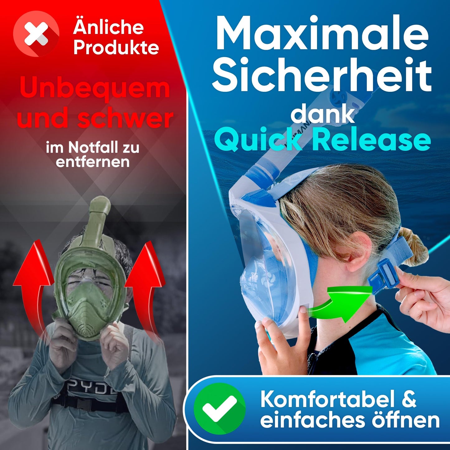 Die Preisgekrönte KAIMANA® Schnorchelmaske für Erwachsene & Kinder - absolut CO2 sicher - inkl. Tragetasche - Tauchermaske Erwachsene - Vollgesichtsmaske Tauchmaske