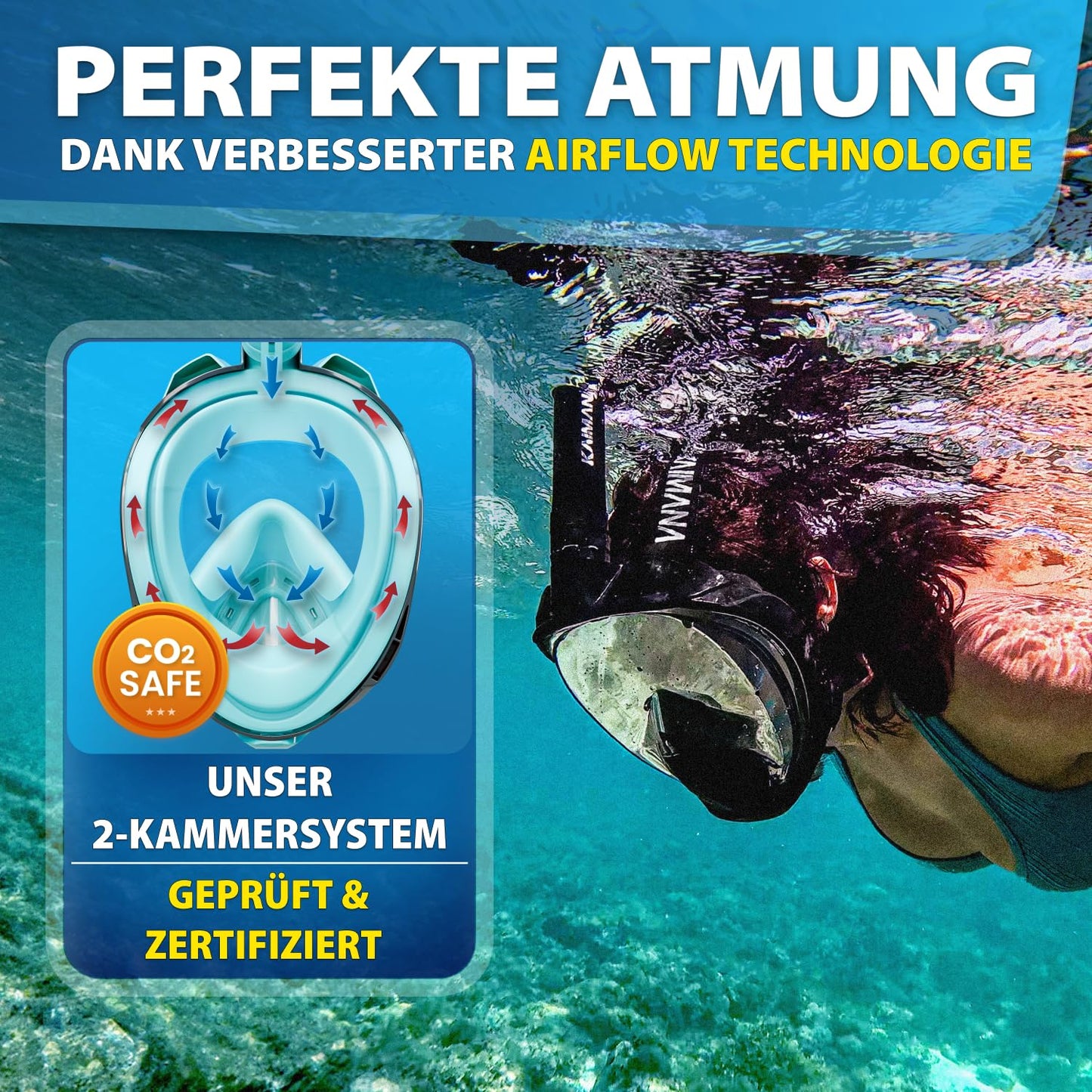 Die Preisgekrönte KAIMANA® Schnorchelmaske für Erwachsene & Kinder - absolut CO2 sicher - inkl. Tragetasche - Tauchermaske Erwachsene - Vollgesichtsmaske Tauchmaske