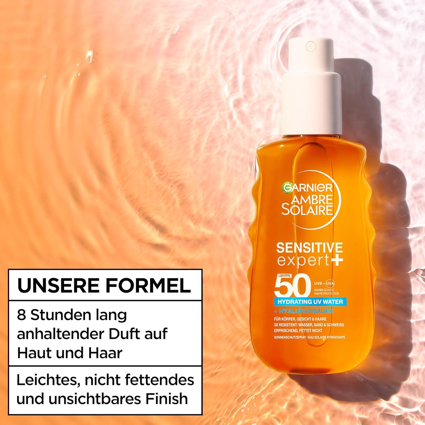 Garnier Ambre Solaire Sensitive Expert + Hydrating UV Water Sonnenschutzspray LSF 50 – Sonnen-Spray für Körper, Gesicht, Kopfhaut & Haare – Wasserfest, sandresistent & nicht fettend – 150ml