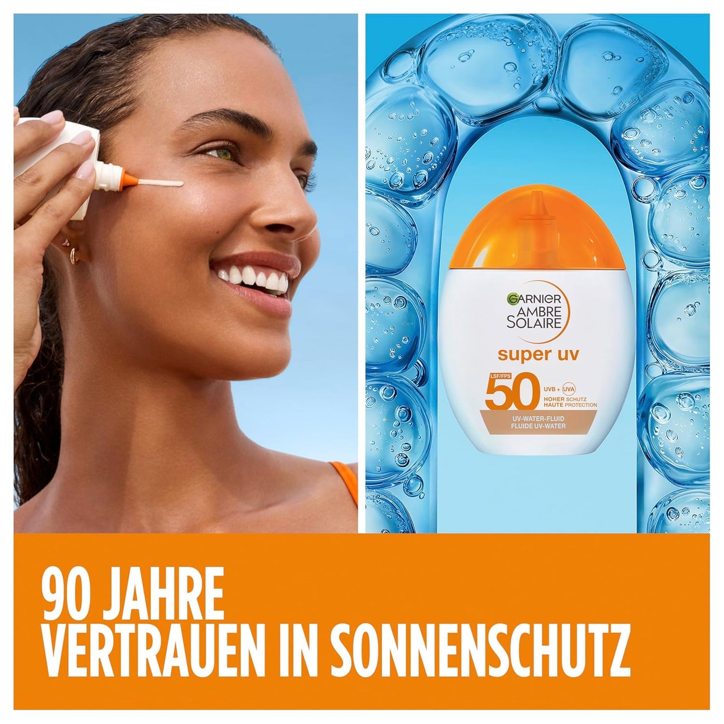 Garnier Ambre Solaire Sensitive Expert + Hydrating UV Water Sonnenschutzspray LSF 50 – Sonnen-Spray für Körper, Gesicht, Kopfhaut & Haare – Wasserfest, sandresistent & nicht fettend – 150ml