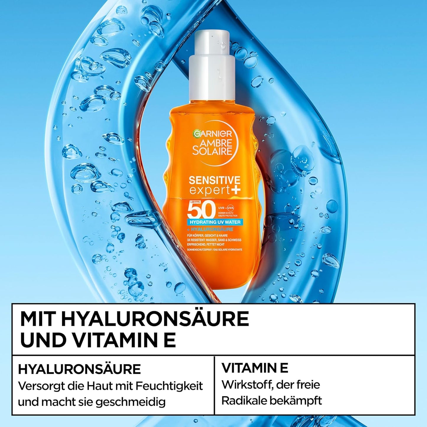 Garnier Ambre Solaire Sensitive Expert + Hydrating UV Water Sonnenschutzspray LSF 50 – Sonnen-Spray für Körper, Gesicht, Kopfhaut & Haare – Wasserfest, sandresistent & nicht fettend – 150ml