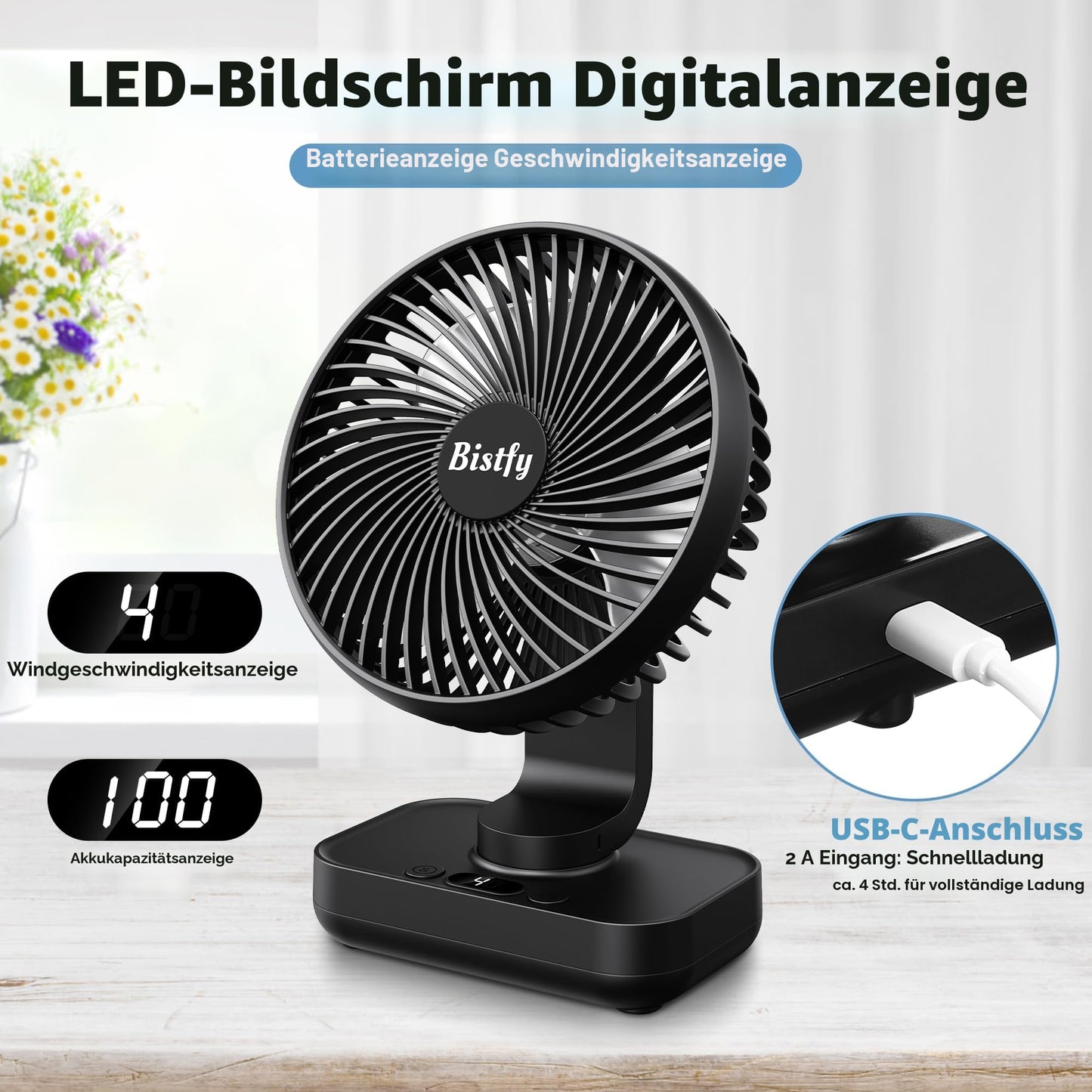 Tischventilator Oszillierend 4500mAh Leise&Starkem Luftstrom Akku Ventilator, 4 Geschwindigkeiten 2A Eingang Schnellladung Digitalanzeige 5.5'' Tragbar USB Ventilator für Büro Zuhause Freien