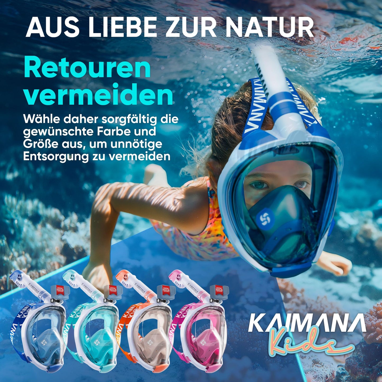 Die Preisgekrönte KAIMANA® Schnorchelmaske für Erwachsene & Kinder - absolut CO2 sicher - inkl. Tragetasche - Tauchermaske Erwachsene - Vollgesichtsmaske Tauchmaske