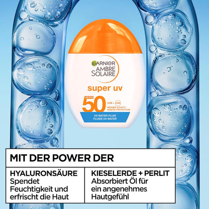 Garnier Ambre Solaire Sensitive Expert + Hydrating UV Water Sonnenschutzspray LSF 50 – Sonnen-Spray für Körper, Gesicht, Kopfhaut & Haare – Wasserfest, sandresistent & nicht fettend – 150ml