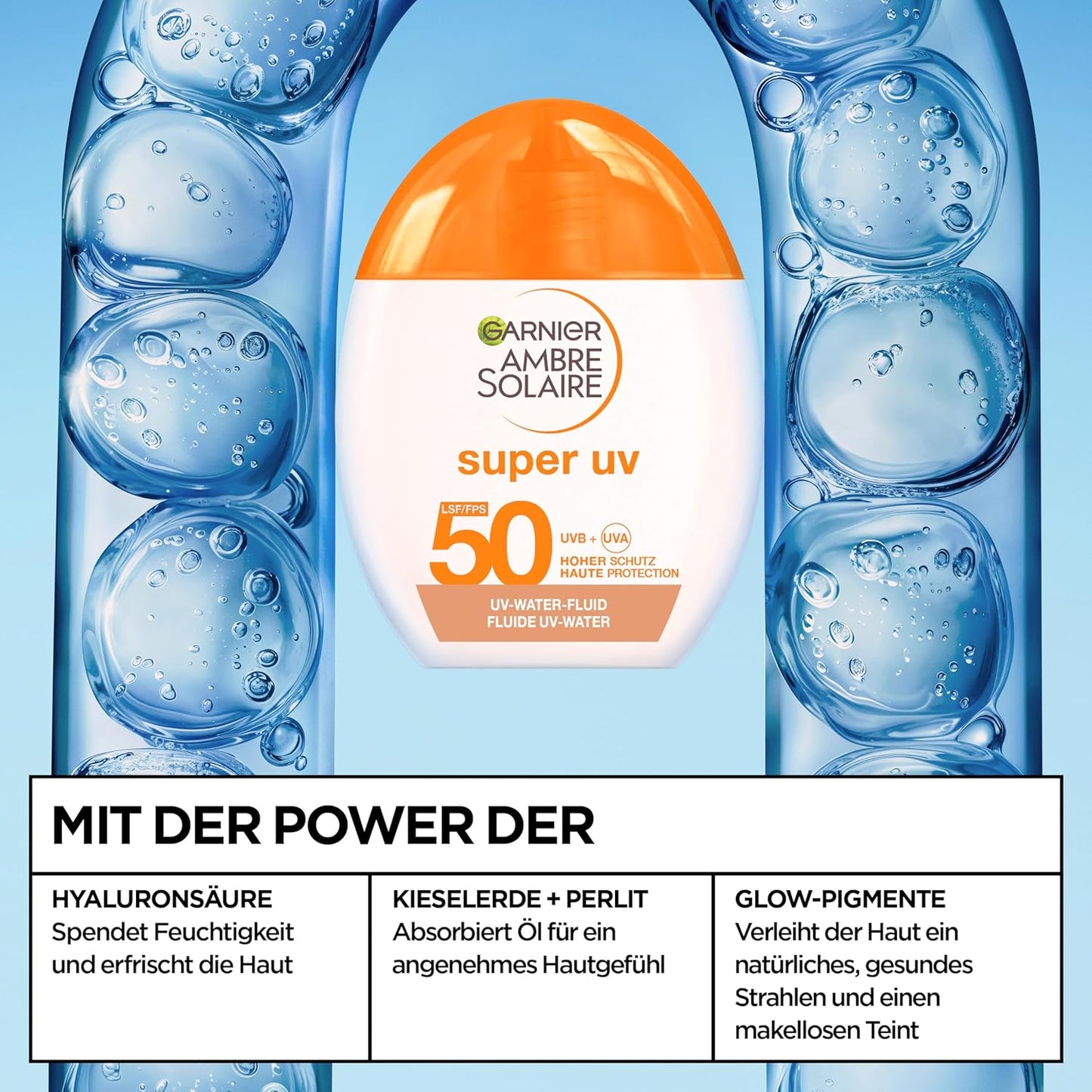 Garnier Ambre Solaire Sensitive Expert + Hydrating UV Water Sonnenschutzspray LSF 50 – Sonnen-Spray für Körper, Gesicht, Kopfhaut & Haare – Wasserfest, sandresistent & nicht fettend – 150ml