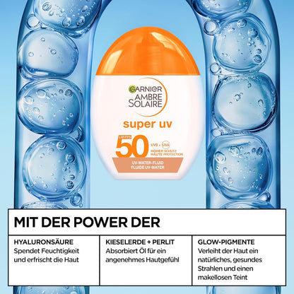 Garnier Ambre Solaire Sensitive Expert + Hydrating UV Water Sonnenschutzspray LSF 50 – Sonnen-Spray für Körper, Gesicht, Kopfhaut & Haare – Wasserfest, sandresistent & nicht fettend – 150ml