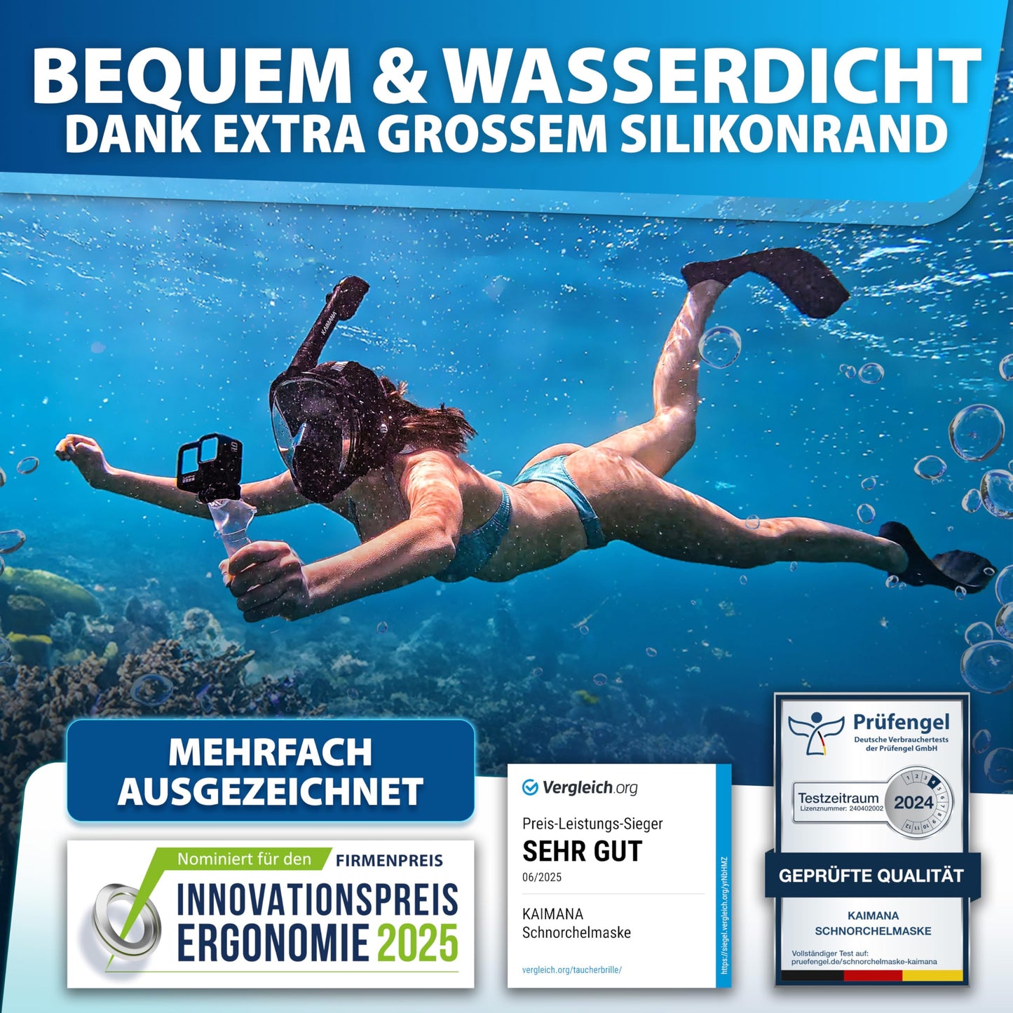 Die Preisgekrönte KAIMANA® Schnorchelmaske für Erwachsene & Kinder - absolut CO2 sicher - inkl. Tragetasche - Tauchermaske Erwachsene - Vollgesichtsmaske Tauchmaske