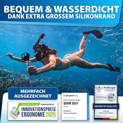 Die Preisgekrönte KAIMANA® Schnorchelmaske für Erwachsene & Kinder - absolut CO2 sicher - inkl. Tragetasche - Tauchermaske Erwachsene - Vollgesichtsmaske Tauchmaske